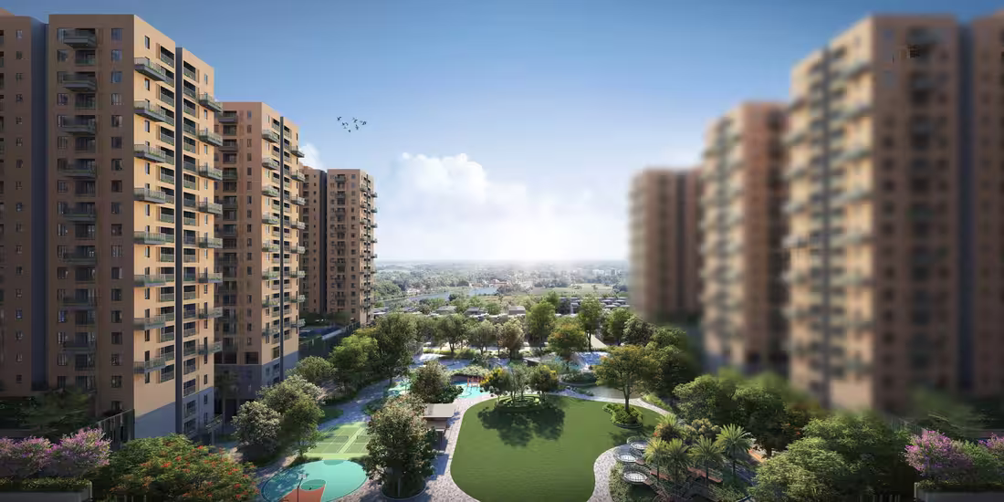 Podium club and landscaped green at Vinayak 21 Acres